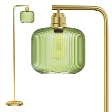 66" Gold Floor Lamp, Standing Lamp with Green Ribbed Glass