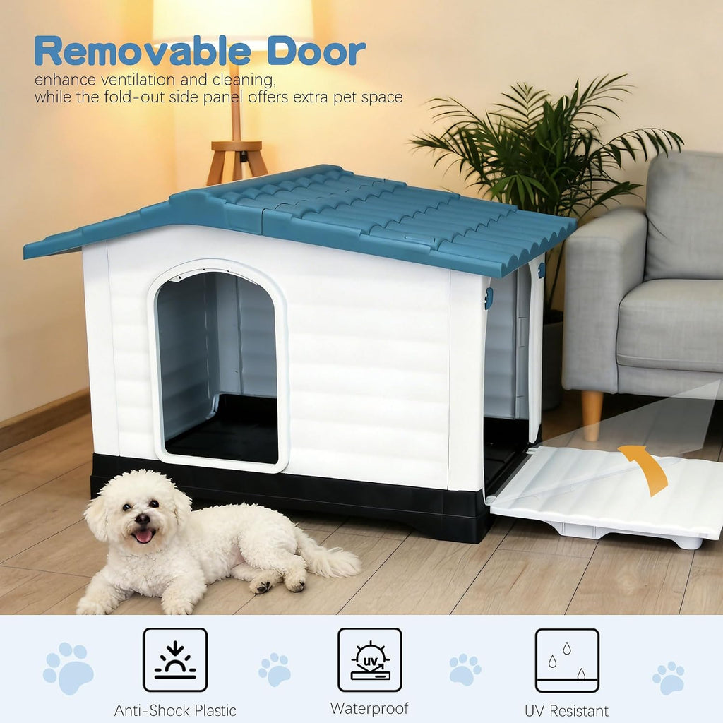 Elevated Weatherproof Plastic Dog House with 2 Doors & Fold-Out Porch - Raised Floor Outdoor Kennel for Large Dogs up