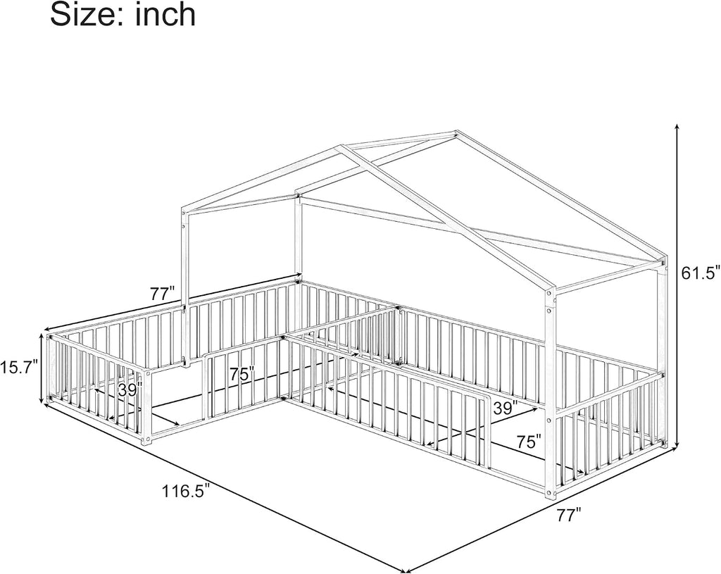Double L-Shaped Montessori Bed, Metal Corner Hose Bed Frame with Fence, House-Style Floor Bed for 2