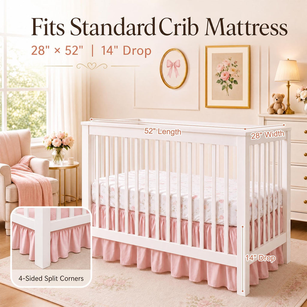 3 Pcs Pink Floral Crib Bedding Set for Baby Girls, Ruffle Design