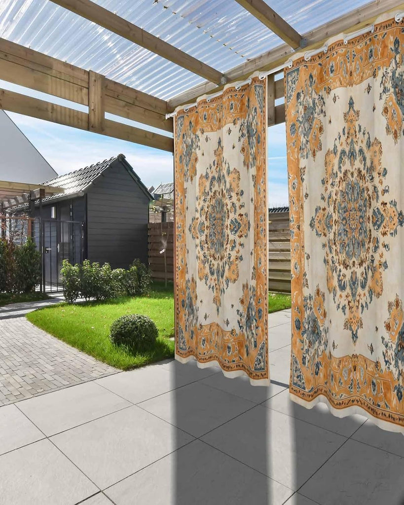 Outdoor Curtains Waterproof, Vintage Boho Floral Vintage Ethnic Distress Traditional Style Grommet Weatherproof
