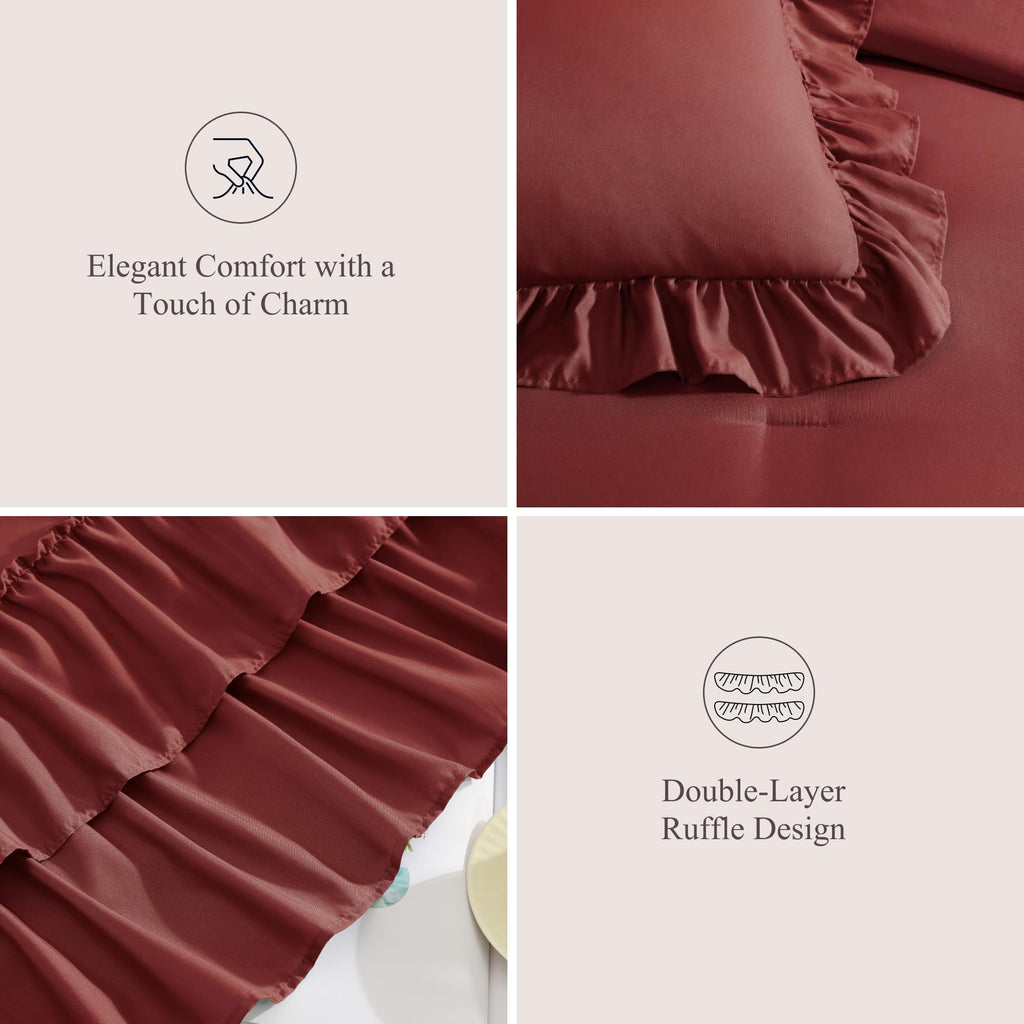 Comforter Set Syrah Red Ruffle 7 Pieces Farmhouse Bed in a Bag