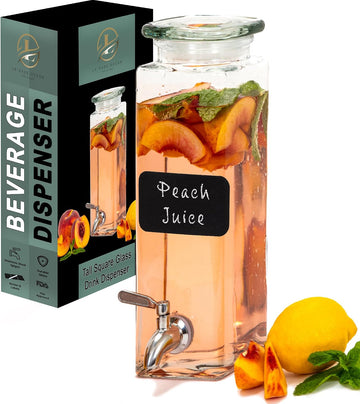 Square Glass Drink Dispenser for Parties - Stainless Steel Spigot + Marker & Label - 100% Leakproof Beverage