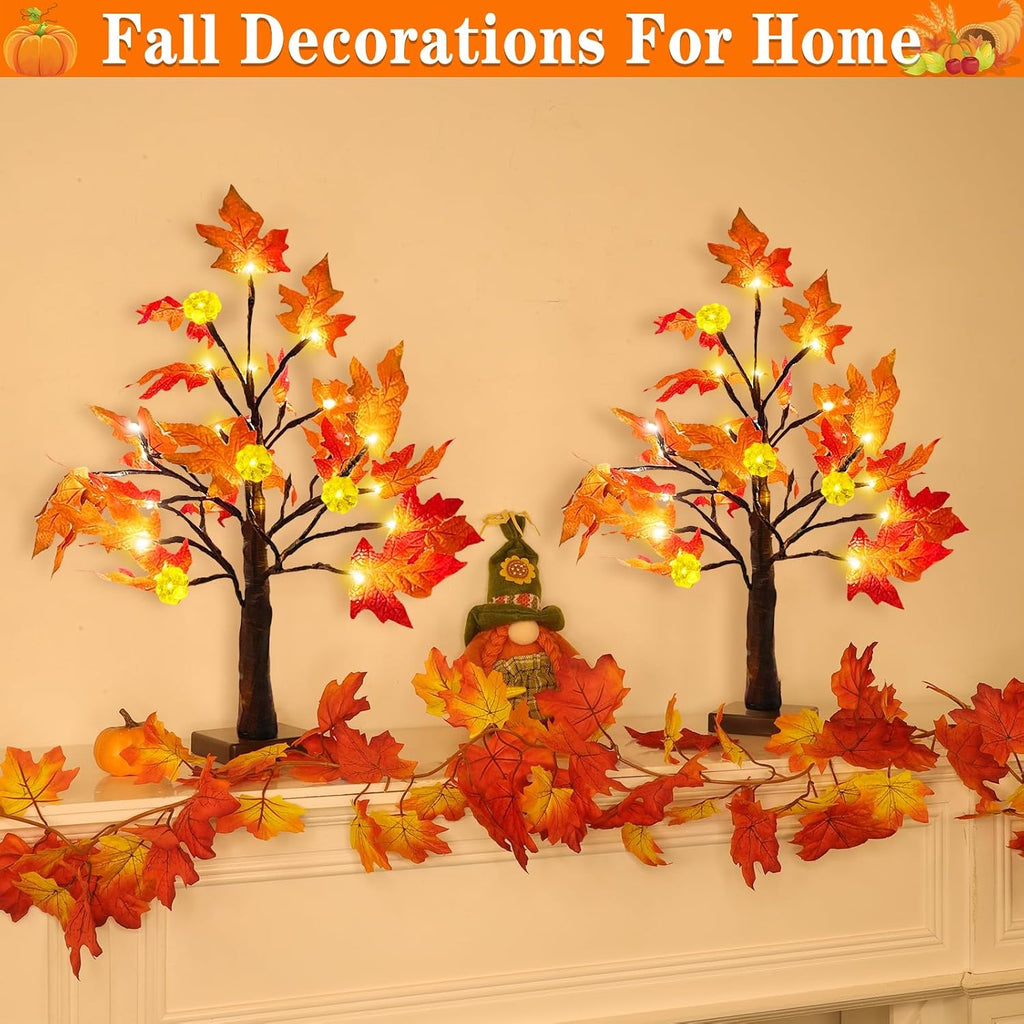 Fall Decor 2 Pack 18 Inch Prelit Fall Maple Tree 48 LEDs Timer - Set of 2