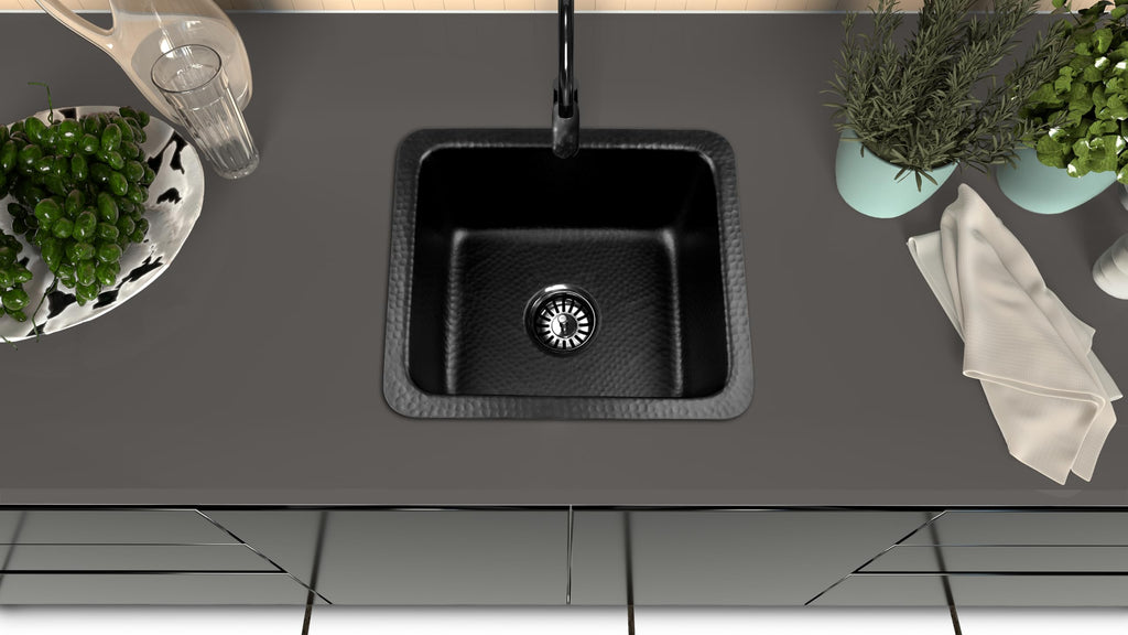 & Bar Sink - 17-inch Highball Dual Mount Drop in, Hand Hammered Matte Black Aluminum Sinks, Drop in Bar Sinks or