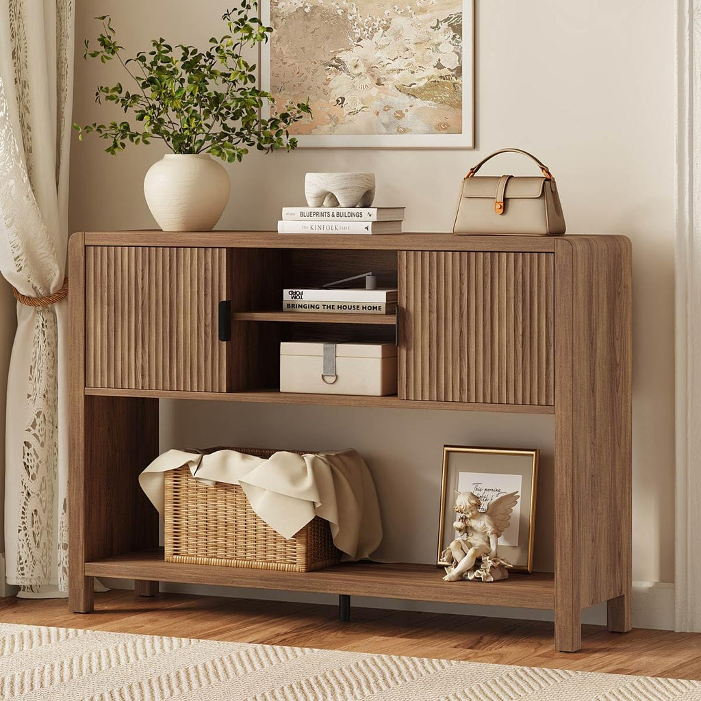Farmhouse Console Table with 2-Door Cabinet, Retro Entryway Table with Storage Shelf, 43.31 inch Sofa Table Buffet