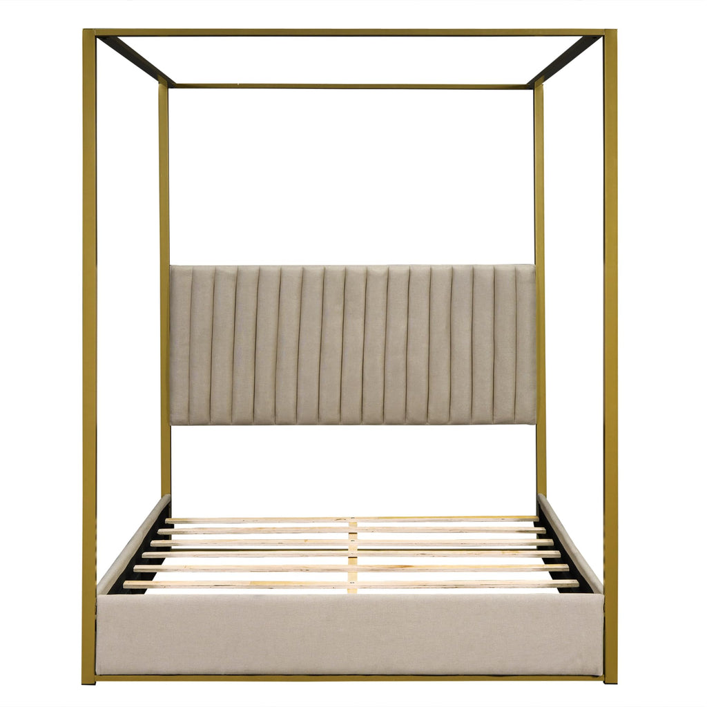 Modern 4-Poster Canopy Platform Bed Queen Size with Channel Upholstery Tufted Headboard, Gold Metal Canopied Design
