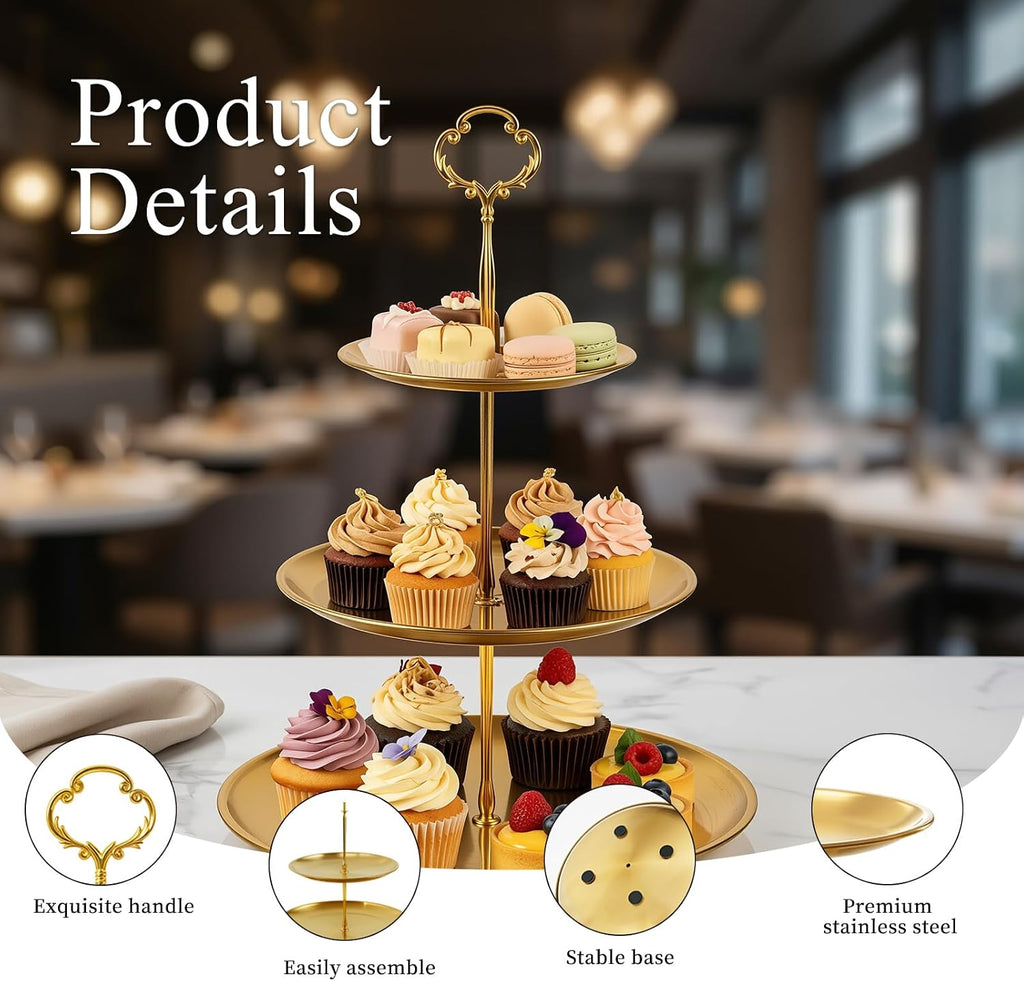 Gold cupcake stand, 3-Tier Stainless Steel, Detachable, 4 Foot Pads - Set of 3