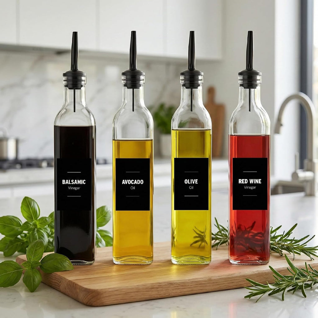 Olive Oil & Vinegar Dispenser Bottle Set with Stainless Steel Pourer, Funnel & Labels - Glass Kitchen Oil Cruet - Set of 4