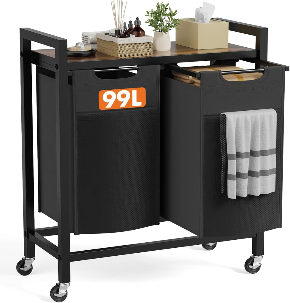 Laundry Hamper with 2 Pull-Out Removable Sorter Bags, Movable Wheels, Freestanding Clothes Basket Organizer , 2 x