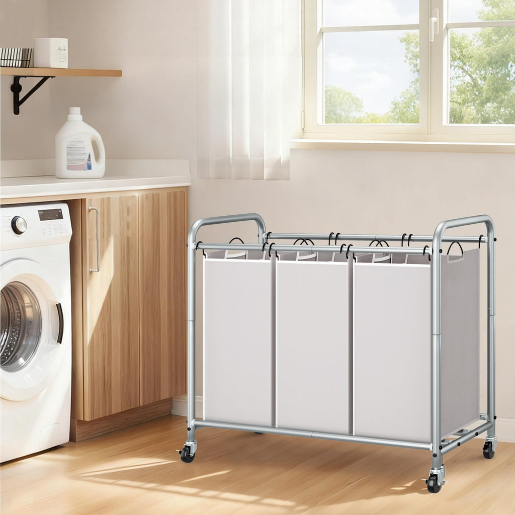 3 Section Laundry Sorter, Laundry Hamper with Wheels, Gray