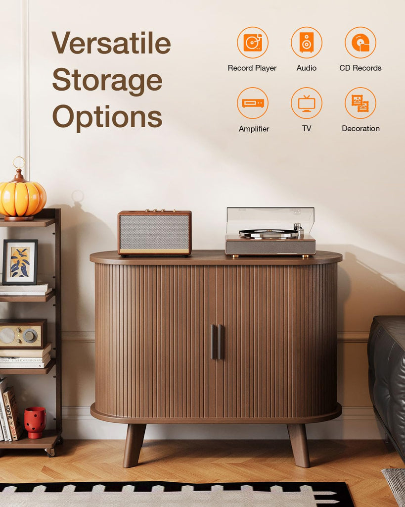 Record Player Stand, Midcentury Modern Furniture Turntable Stand with Sliding Doors, Audio-Video Shelving Cabinet