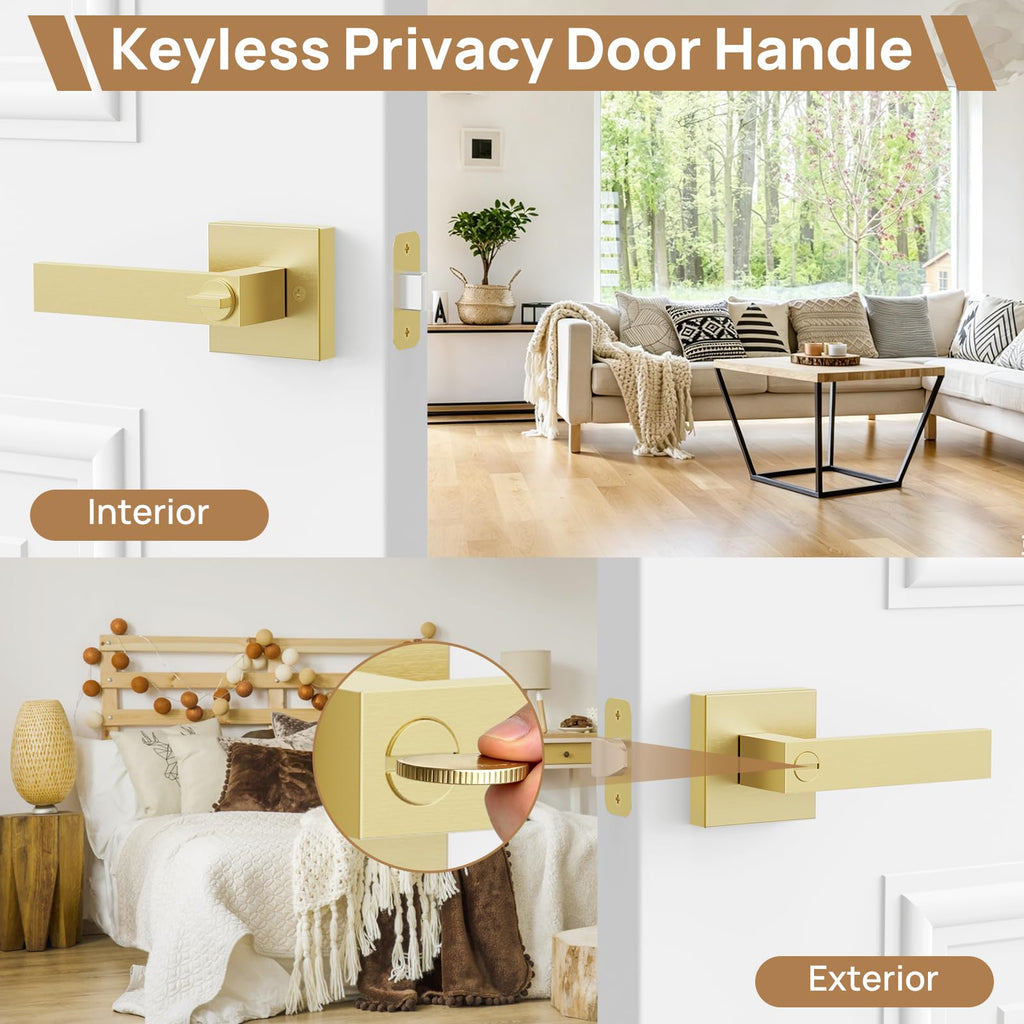 2 Pack Gold Privacy Door Knobs, Modern Keyless Door Handles Interior, Door Locks s, Bathroom, Heavy Duty Zinc Alloy