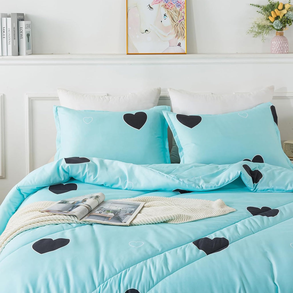 Love Pattern Girls Comforter Set Full, Sky Blue Cute Love Heart Print Comforter Bedding Set for All Seasons