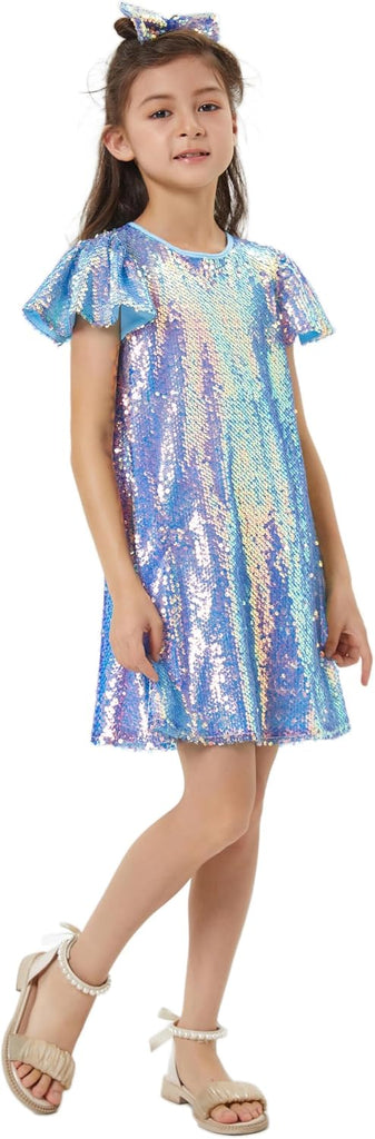 Sequin Dress Shiny Short Flutter Sleeve Midi Sparkly Party Dress with Hairbow