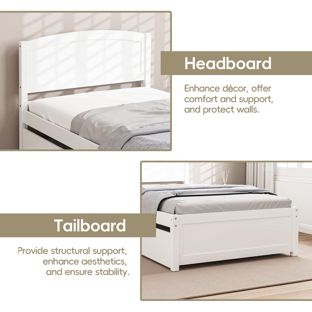 Twin Trundle Bed, Solid Wooden Pull Out Bedframe, Extendable Day Bed with Headboard and Soild Wood Slats Support