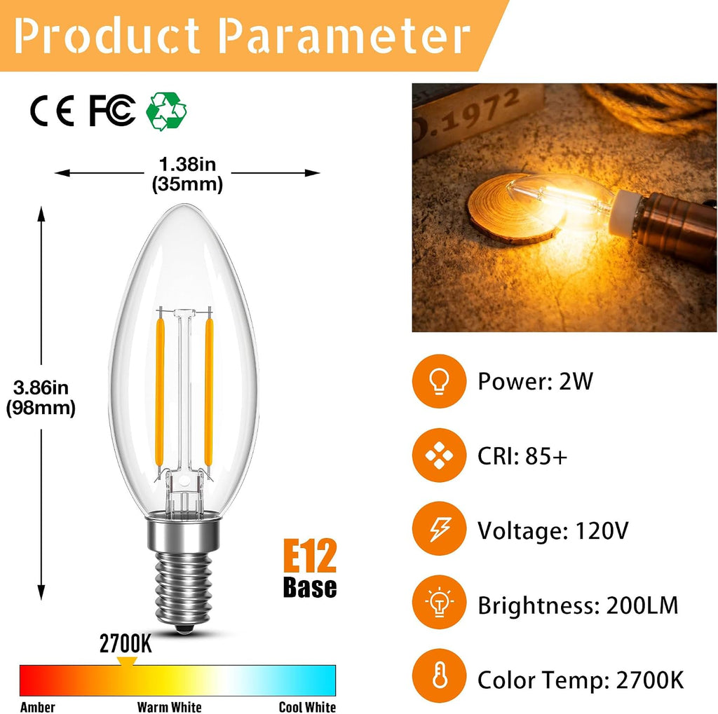 Dimmable B11 LED E12 Bulb 25 Watt Type B Light Bulb 2W,2700K 200LM