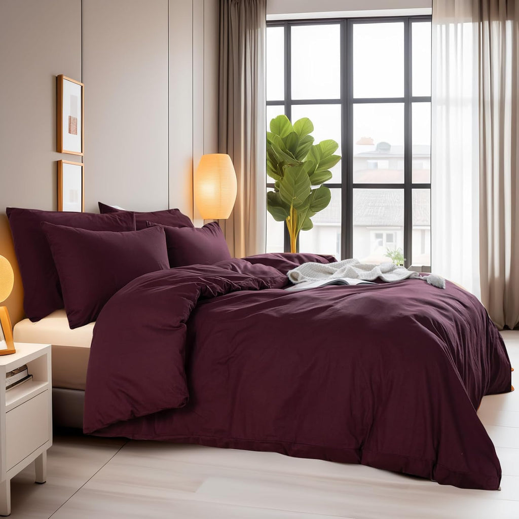 Duvet Cover Set Queen Linen Look Textured 100% Washed Cotton Duvet Cover Burgundy Dark Red 3 Pieces Bedding Set with