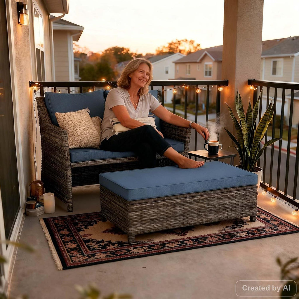 Wicker Patio Loveseat w/Storage Ottoman, 2 Pcs, Navy Blue | 2-Seat Outdoor Couch,w/Soft Cushions & Built-in Storage