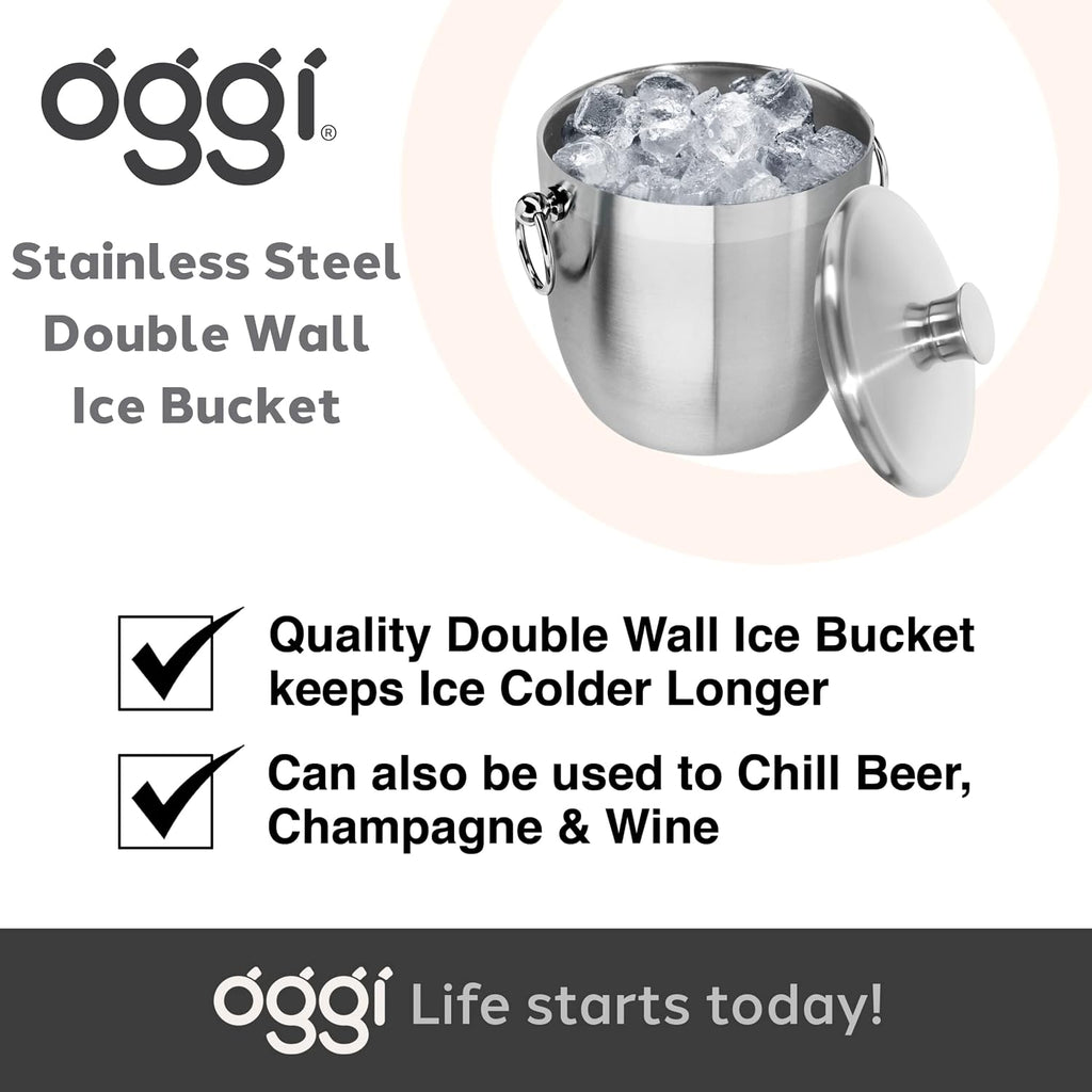 Double Wall Stainless Steel Ice Bucket - Insulated Ice Bucket with Elegant Steel Lid, Classic Handles & Stainless