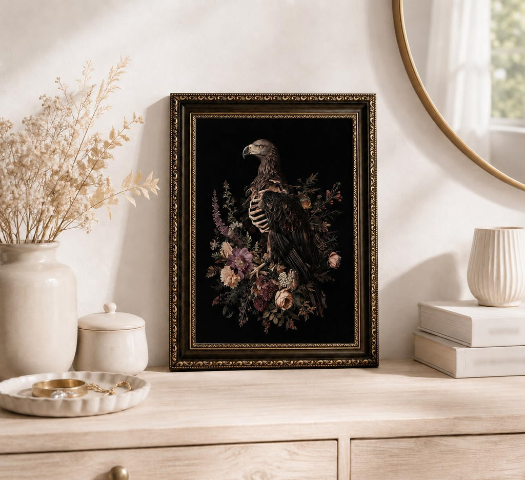 Gothic Canvas Wall art Skeletal Eagle Dark Academia Framed WallDecor12x16in