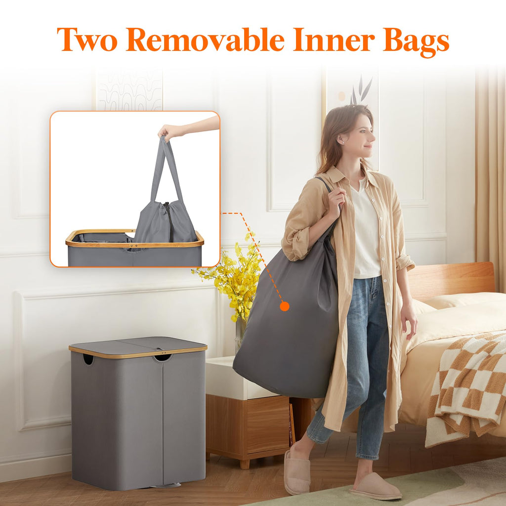 120L Double Laundry Hamper with Lid and Removable Bag, Gray