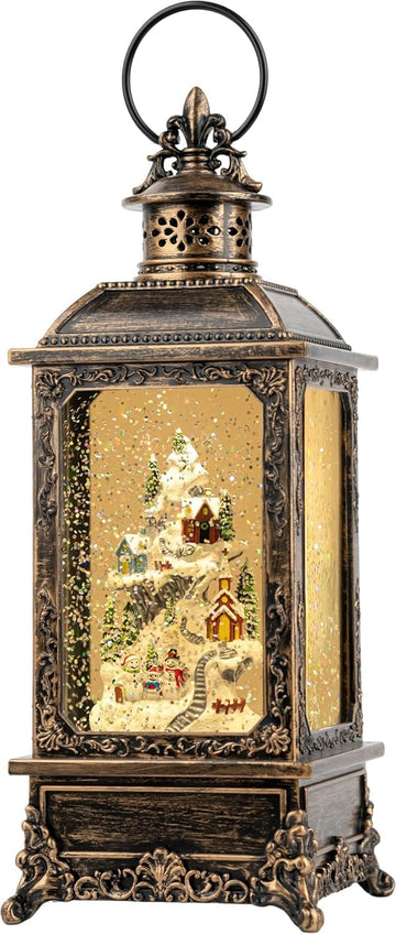 Christmas Snow Globe Lantern Water Glittering Snow Mountain Village with Music & Timer, USB Lined/Battery Operated