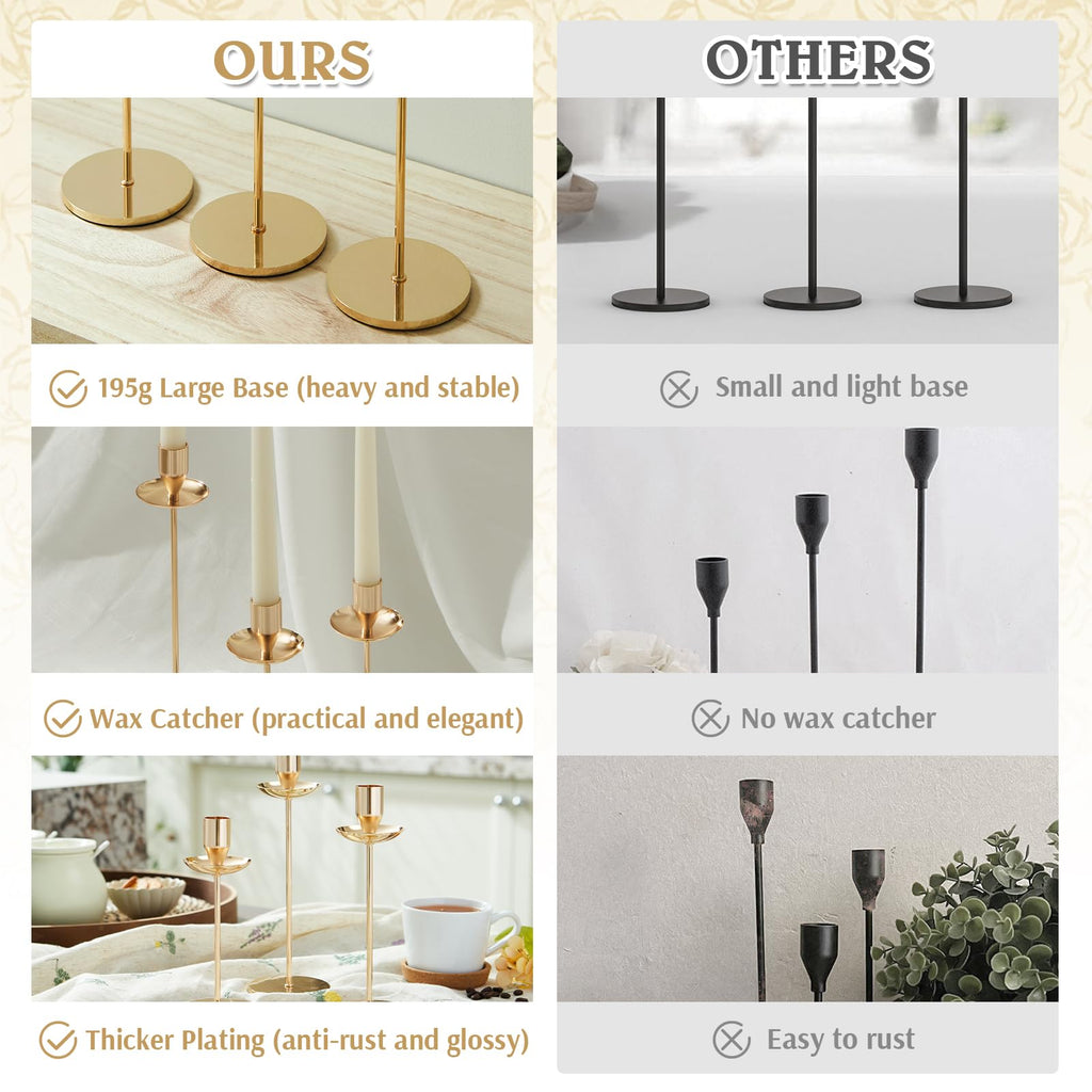 Gold Candle Holders, Brass Taper Candlestick Holders Set of 3