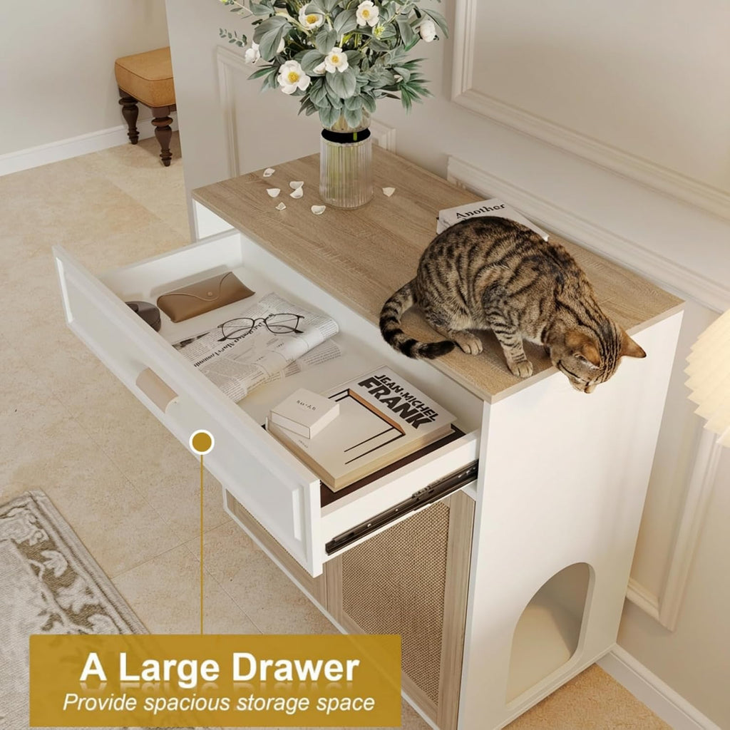 Cat Litter Box Enclosure Furniture Hidden Indoor 2-in-1 Wooden Cat House & Washroom Cabinet with Scratching Board