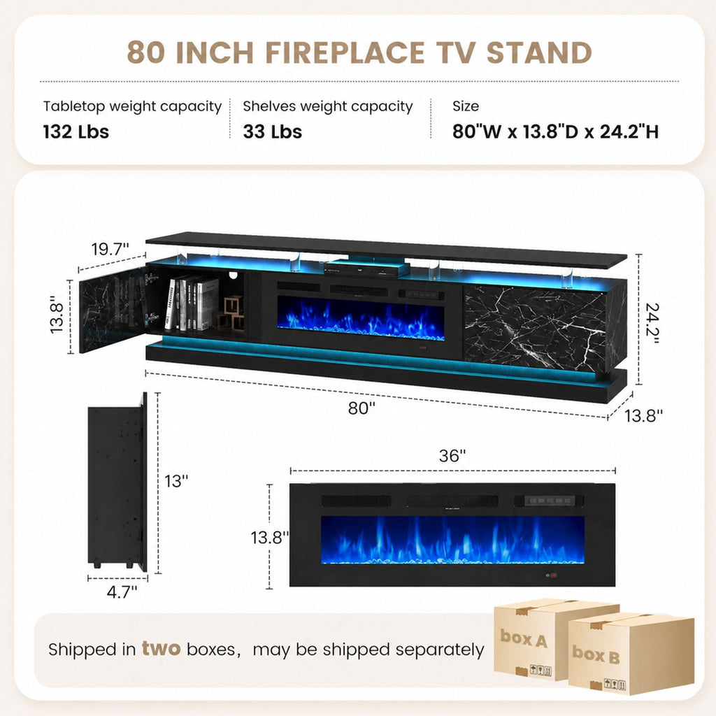 80" Modern Fireplace TV Stand Entertainment Center, Marble Black