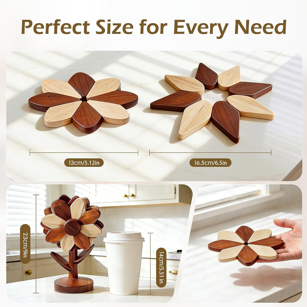 Wooden Trivets for Hot Dishes, Foldable Sunflower-Shaped, Thick Hot Pads for Countertops, Ceramic Pots - Set of 5