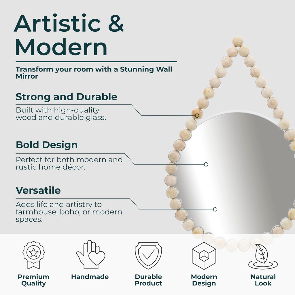 White Decorative Mirror with Beaded Wood Frame - MDF & Glass Home Decor Mirrors for Wall Accent & Styling - Modern