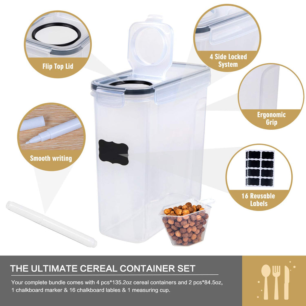 Cereal Containers Storage Set - 6 Piece Airtight Large Dry Cereal Storage Containers(4 * 4L+2 * 2.5L), BPA Free