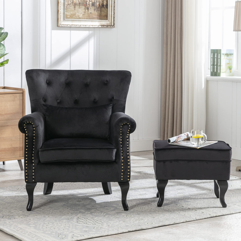 Mid-Century Modern Accent Chair with Ottoman, Comfy Velvet Single Sofa Chair Button Tufted Wingback Armchair with