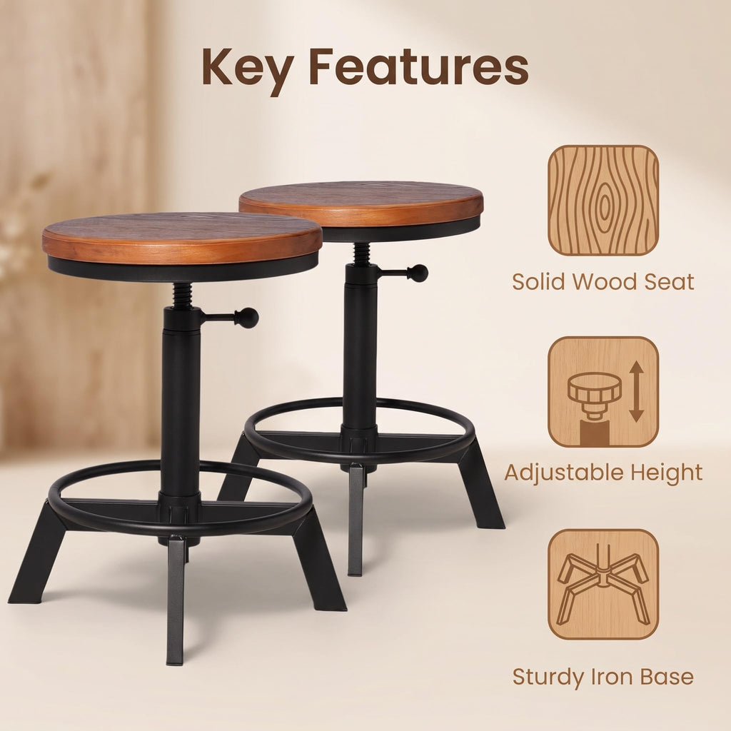 Set of 2-Industrial Bar Stool-Counter Height Chairs- Swivel Wooden Seat- Adjustable 17.7-24inch