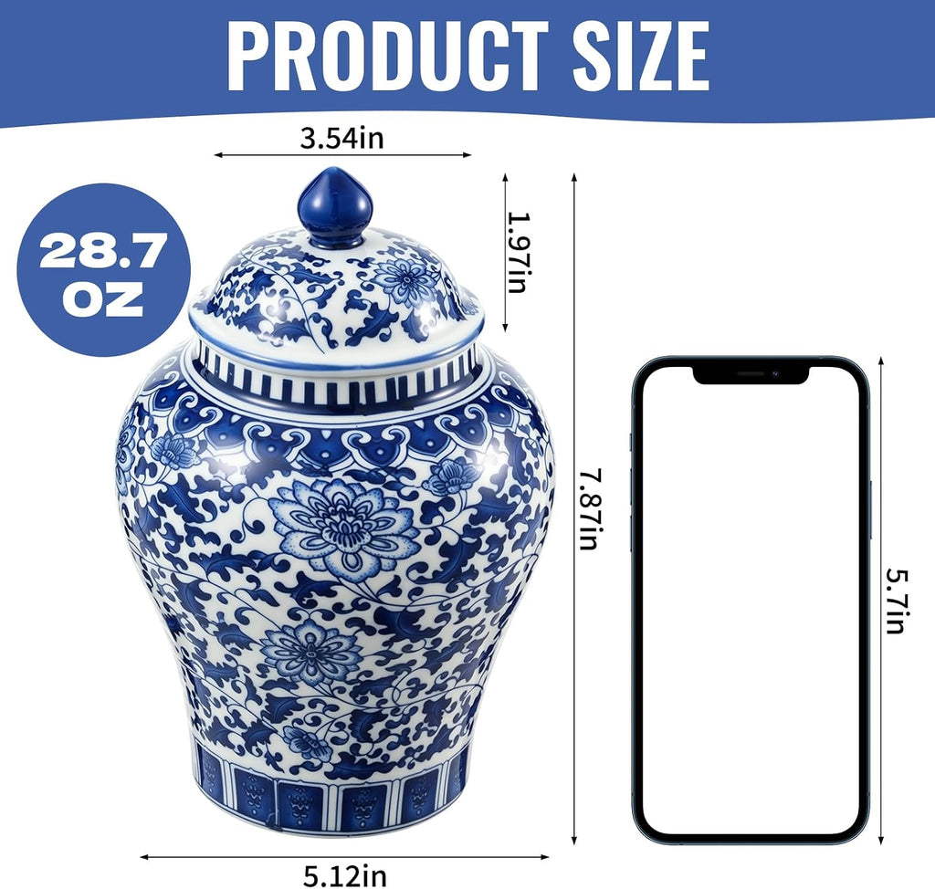 Blue and White Ginger Jar with Lid, 7.87 Inch Ceramic Chinoiserie Ginger Jar, Decorative Porcelain Ginger Vase