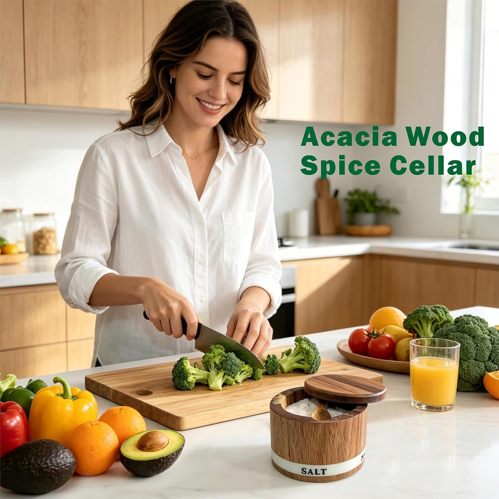 Salt Cellar, Acacia Wood Salt Containers with Lid for Countertop