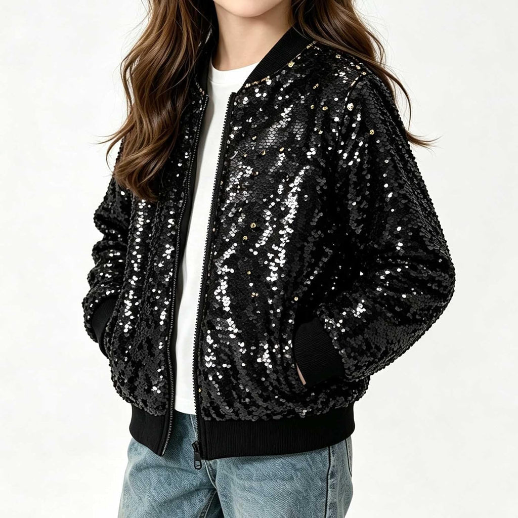 Kids Glitter Sequin Zip Up Bomber Jacket for Boy Girl Y2K Sparkly Back to School Party Coat Stage Performance Jackets