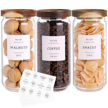 3 Set Glass Pantry Storage Jars with Acacia Airtight Lid - 35oz Thicken Glass Kitchen Canisters with 132 Pantry