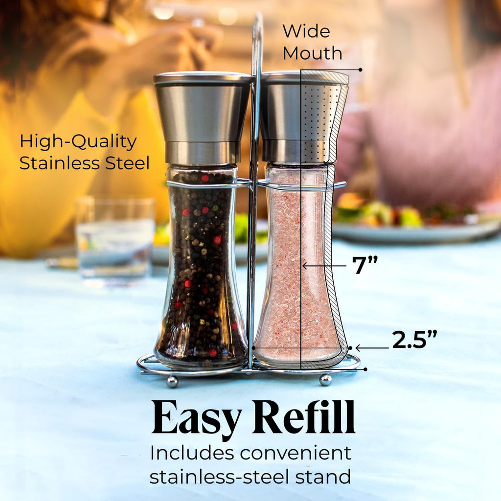 Salt & Pepper Grinder Set with Stand - Stainless Steel Manual Mills & Holder with Adjustable Coarseness, Refillable - Set of 2