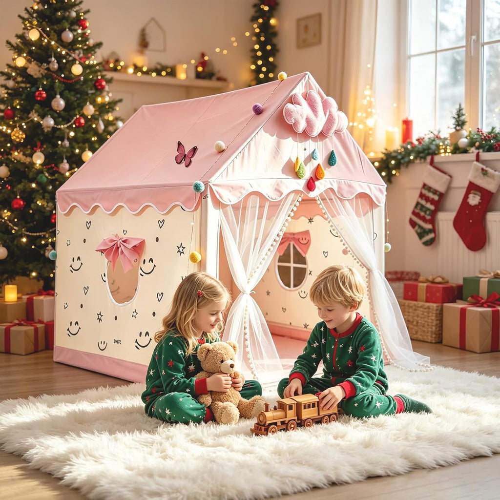 Princess Castle Play Tent for Kids with LED Globe String Lights, Pink Fantasy Playhouse Indoor, Easy Setup & Durable