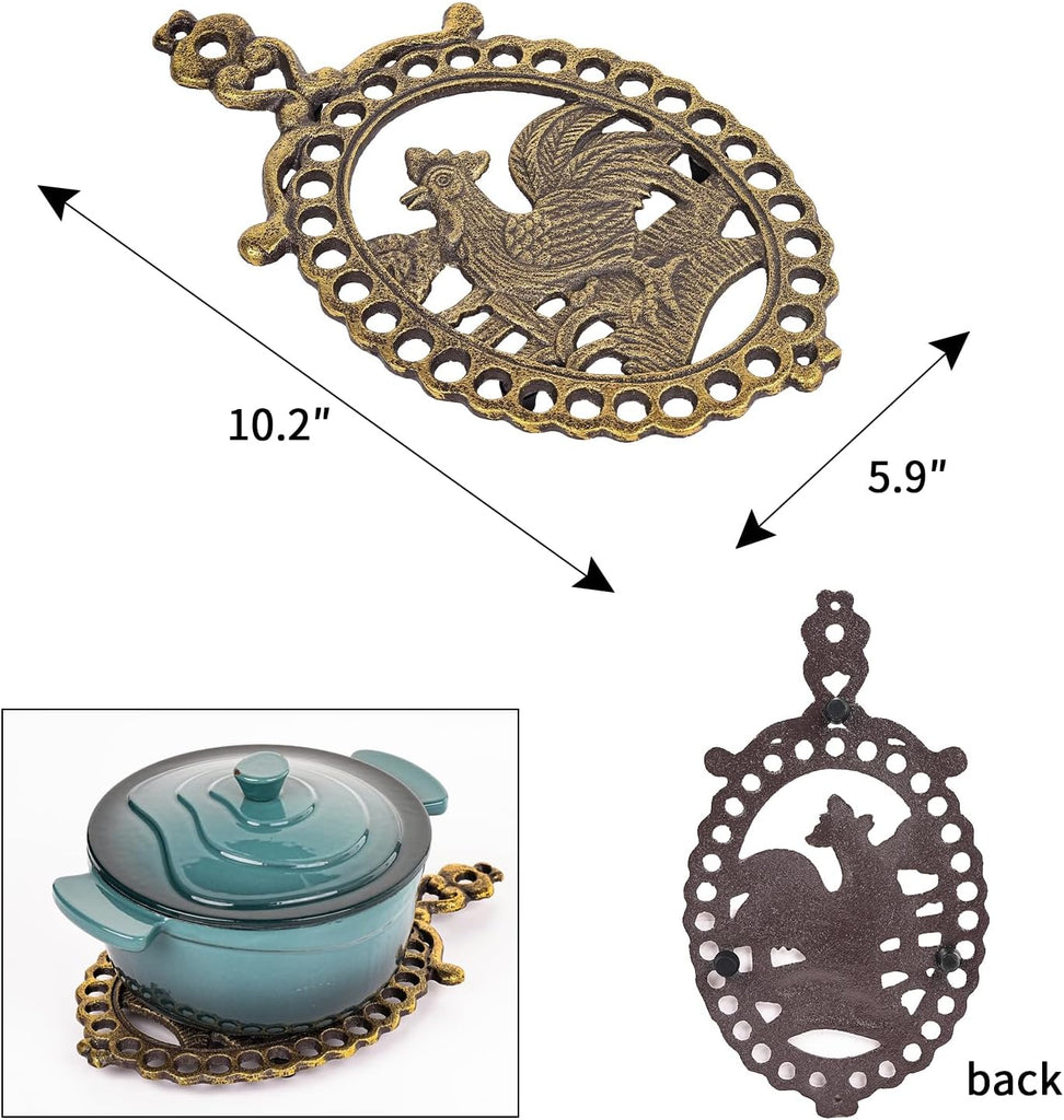 Vintage Rooster Cast Iron Trivet, Oval-Shaped Black Gold Trivet