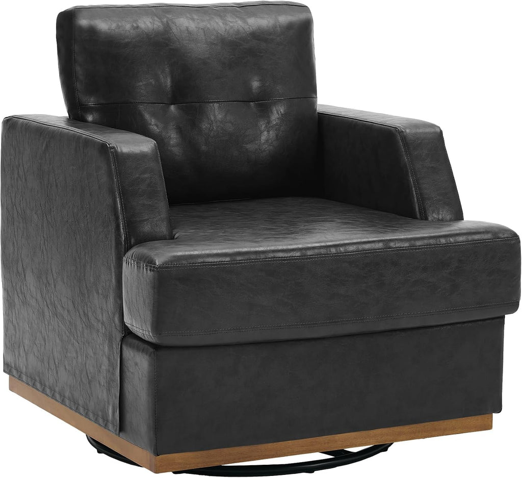 Swivel Accent Chair, 360° Rotatable Square Barrel Chair, Comfy Deep Seat Leather Upholstered Living Room Chairs