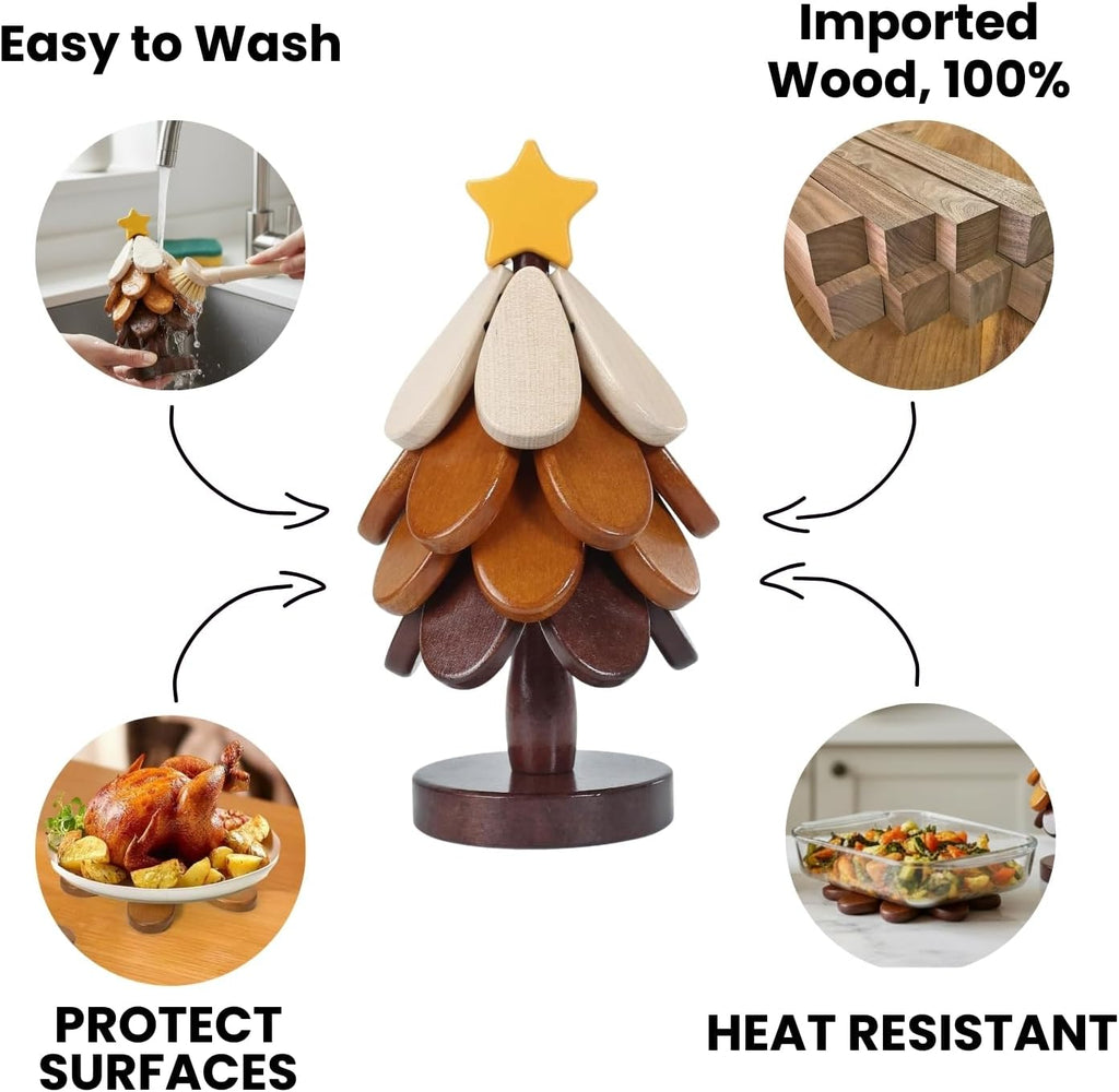 Wooden Tree Trivets for Hot Dishes, Christmas Tree Trivet with Stand, Natural Foldable Pot Holders for Hot - Set of 4