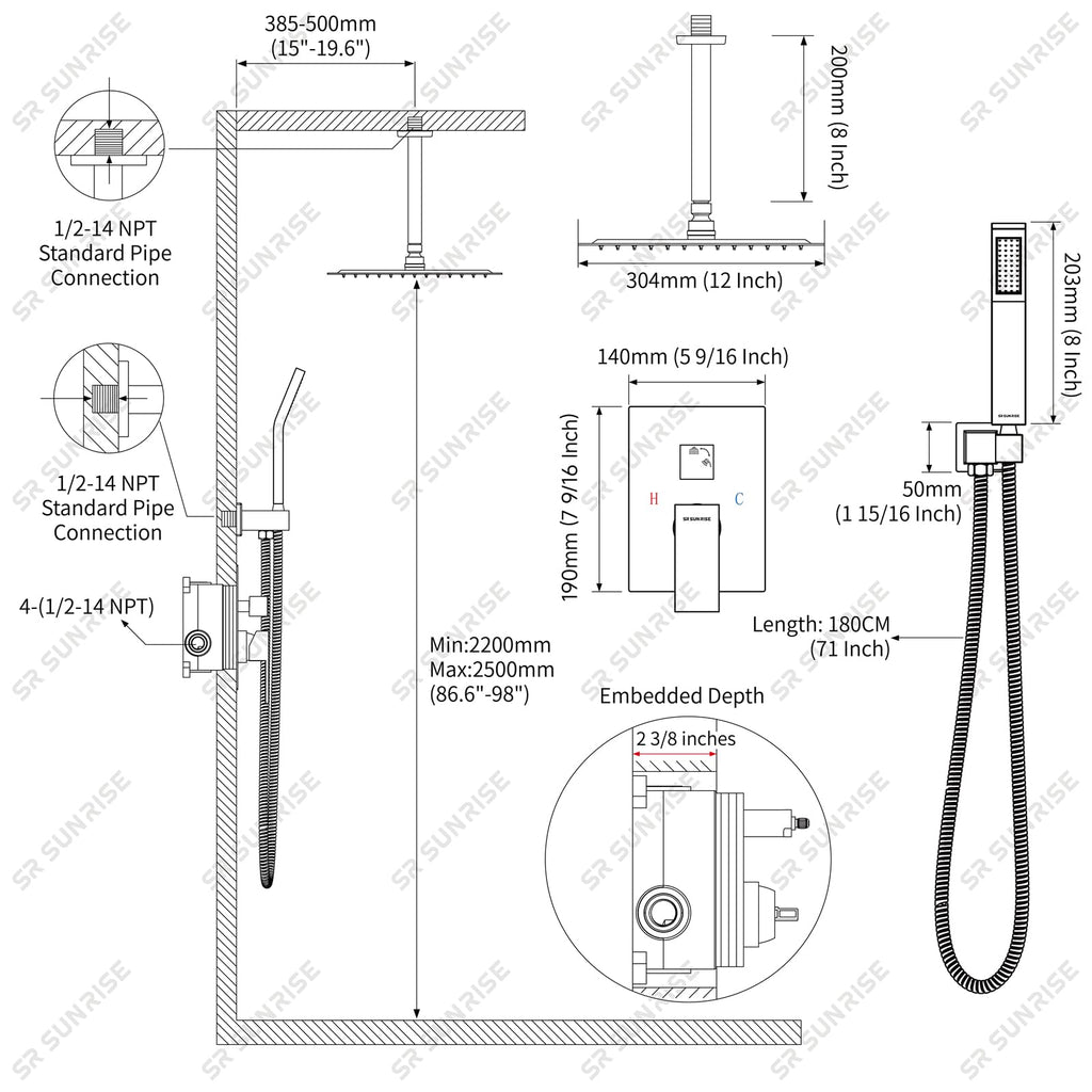 12 Inch Ceiling Mount Rain Shower System,Matte Black