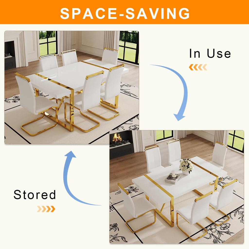 White Dining Table Set for 8, 71'' Kitchen Table and White Leather Dining Chairs Set of 8, 9 Piece Dining Room Table