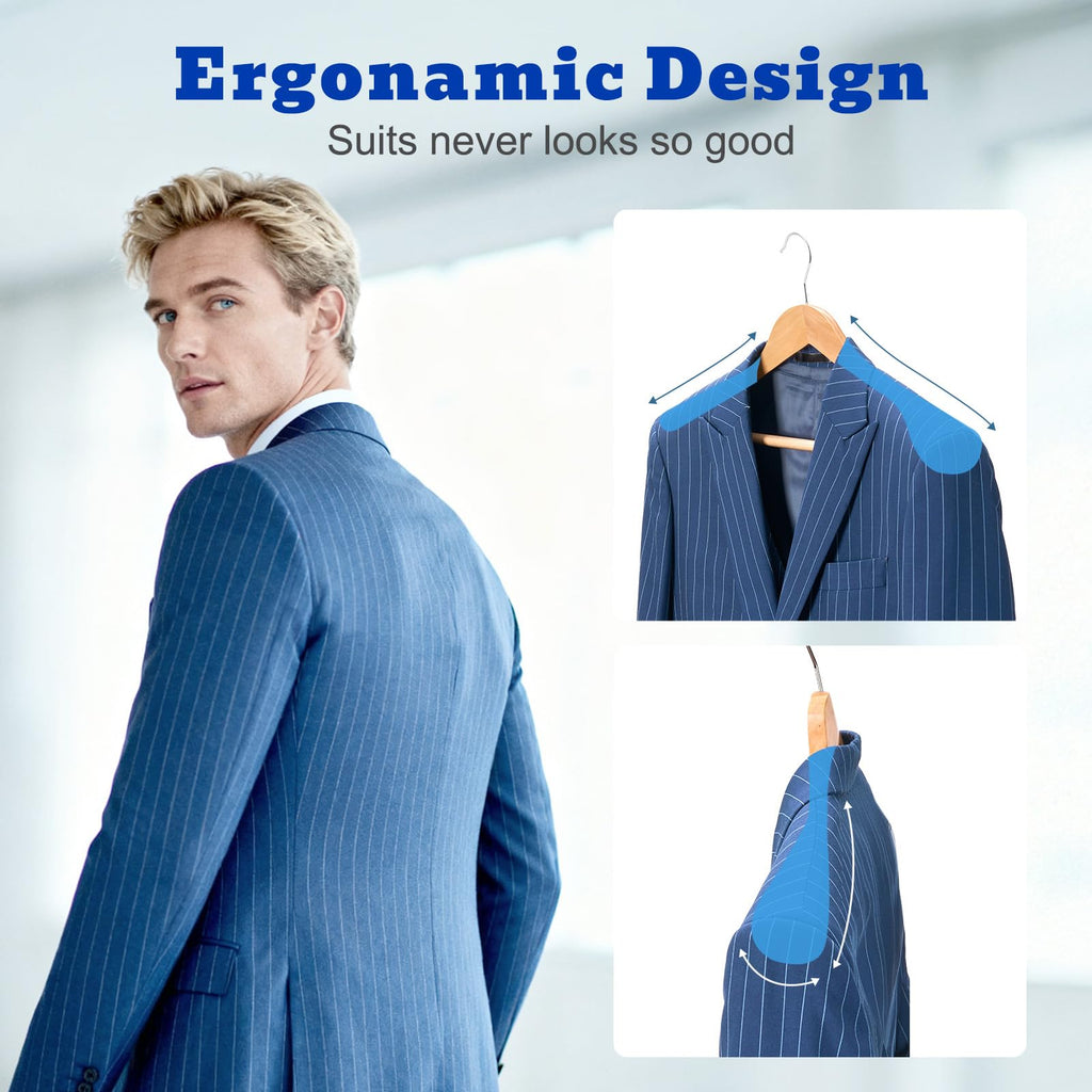 Wide Shoulder Wooden Hangers, Suit Hangers with Non Slip Pants Bar, Smooth Finish 360° Swivel Hook High-Grade Solid