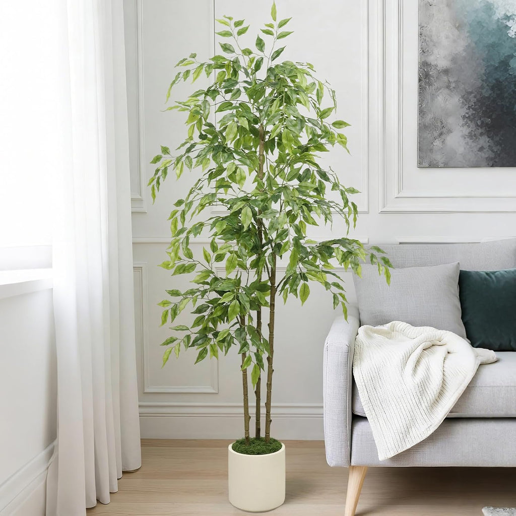 5ft Artificial Ficus Tree with Triple Trunk & White Planter Faux Ficus Tree