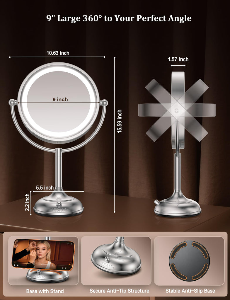 2026 Upgraded 20X lighted makeup mirror with magnification, 9" 1X10X Magnifying Mirror with 3 Color Modes &