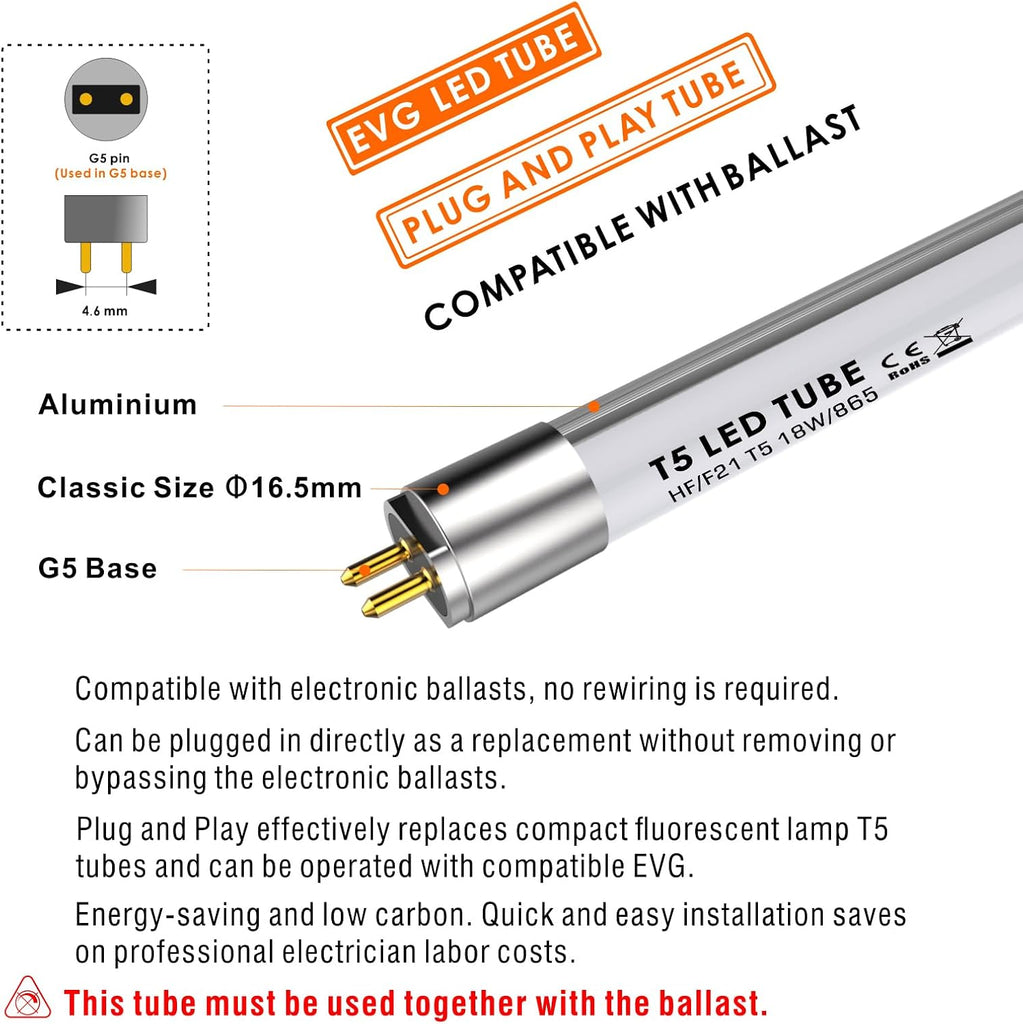 F21T5 Replacement LED Tube T5, 18W, 34 inch, 2050lm, 6500K / 865 / Daylight White, 140 Degrees, G5, Plug and Play LED